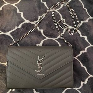 grey YSL crossbody wallet chain bag